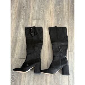 BCBG Bella Black Boots Tall Block Heel Side Buttons Zip Fabric Upper Size 8.5B